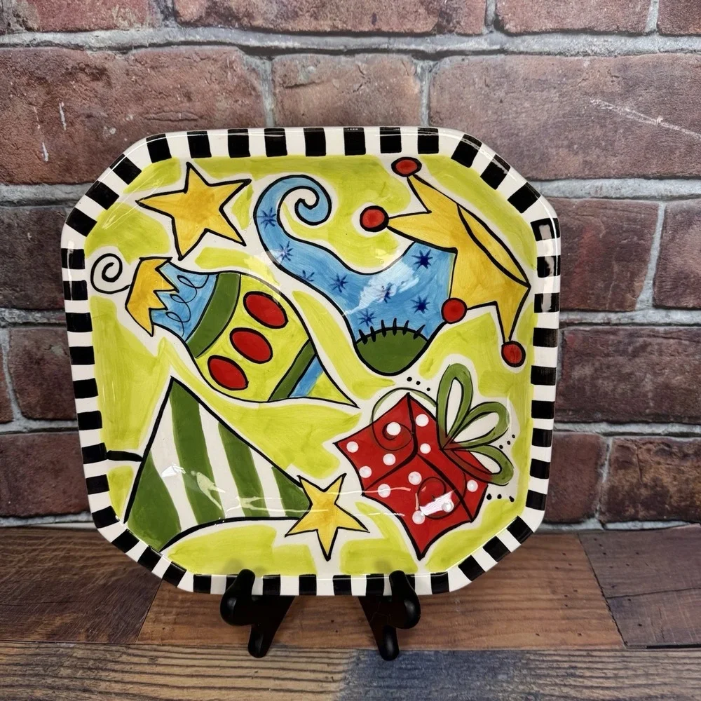 Vtg Vicki Carroll Pottery Christmas Cheer Christmas Square Platter Magnolia Lane
